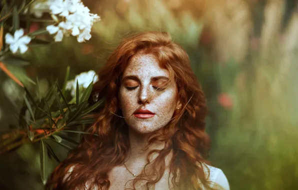 Flowers, face, mood, hair, freckles, red, redhead, bokeh