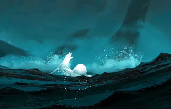 Sea, The crash, Astronaut, Crash, Astronaut, Art, Illustration, Cosmonaut