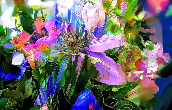 Line, flowers, paint, color, petals, garden, touch