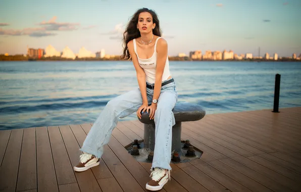 Girl, pose, river, jeans, hands, pier, Dmitry Shulgin