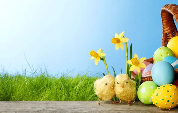 Grass, flowers, chickens, eggs, spring, colorful, Easter, grass