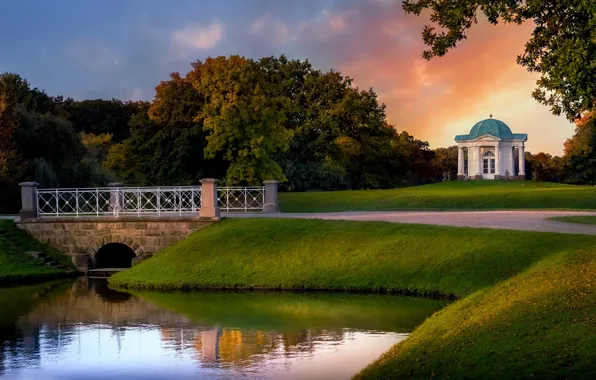 Picture landscape, sunset, nature, pond, Park, Germany, the bridge, gazebo