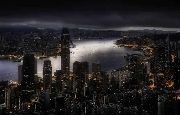 Night, the city, river, building, Hong Kong, China