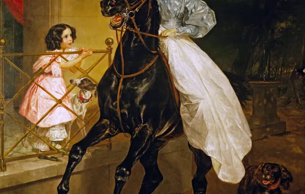 Picture Girl, Horse, Picture, Girl, Dogs, Karl Briullov, Horsewoman, Russian artist