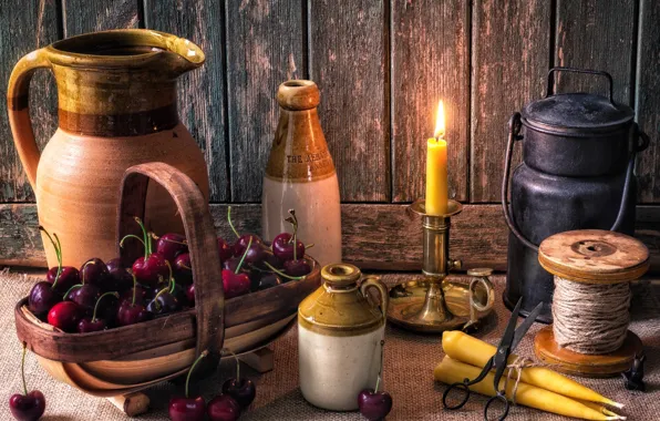 Candles, dishes, still life, cherry, string