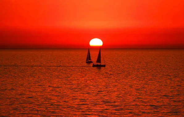 Sea, the sky, the sun, sunset, boat, yacht, sail