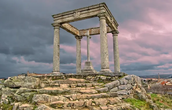 Picture the sky, clouds, stones, hills, cross, the ruins