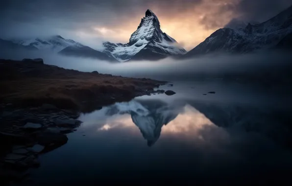Landscape, mountains, nature, fog, lake, reflection, rendering, rocks