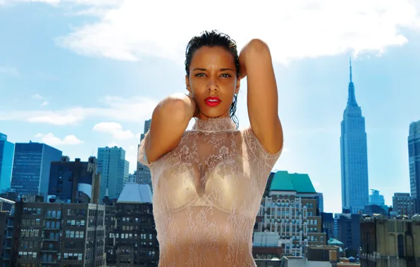 Look, the city, linen, wet, tan, skyscrapers, lipstick, brunette