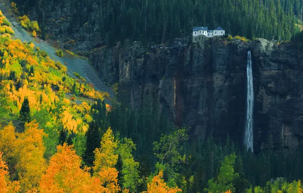 Autumn, forest, house, castle, open, rocks, view, height