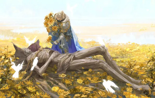 Sunflowers, birds, body, fantasy, men, Elden Ring, The Tarnished, Morgott the Omen King