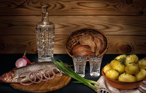 Picture vodka, onion, appetizer, potatoes, herring