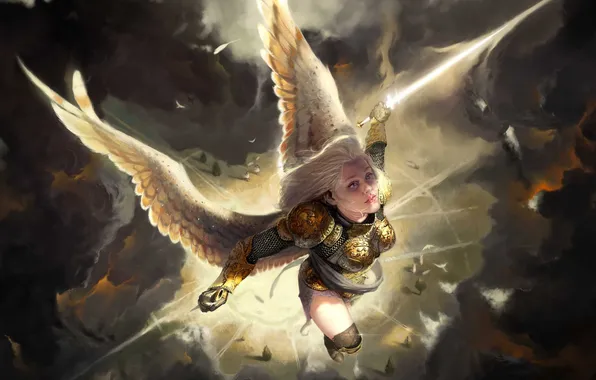 The sky, girl, flight, clouds, angel, sword, art