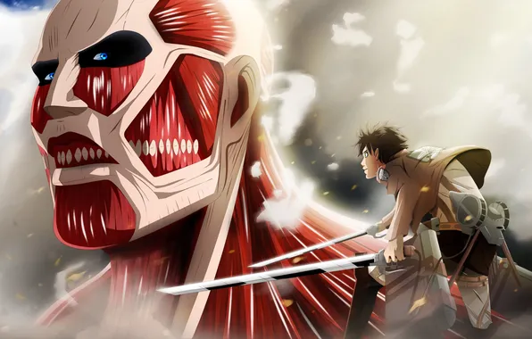 Picture weapons, smoke, anime, art, giant, guy, the battle, swords