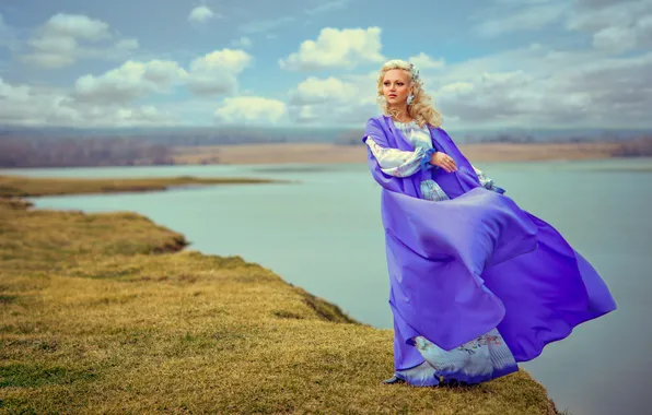 The sky, landscape, open, the wind, dress, blonde