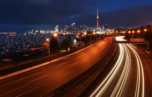 Night, lights, yachts, highway, megapolis