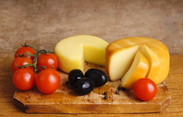 Cheese, Board, pepper, tomatoes, olives