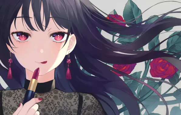 Look, girl, flowers, face, roses, tongue, lipstick, red roses