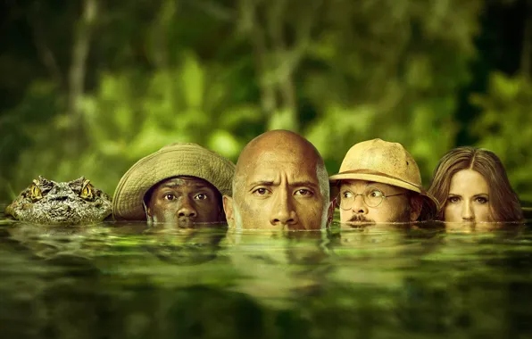 Greens, water, crocodile, jungle, fantasy, adventure, poster, Dwayne Johnson