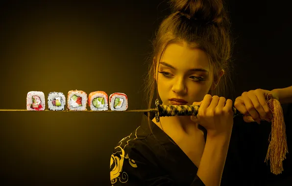 Pose, background, model, portrait, sword, katana, hands, makeup