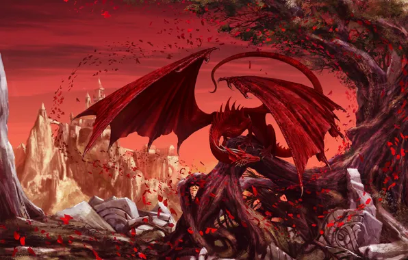 Red, Leaves, Wings, Fantasy, Dragon, Art, Fiction, Illustration