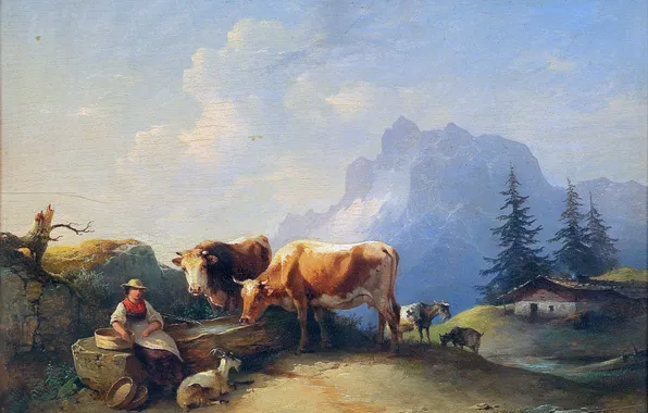 Picture trees, mountains, home, picture, cows, goat, Austrian artist, Friedrich August Matthias Gauermann