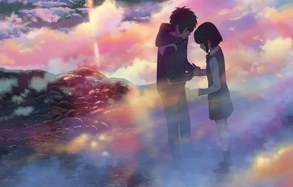 Lights, meeting, jacket, pink clouds, Kimi no VA On, Miyamizu Mitsuha, Tachibana Taki, Your name