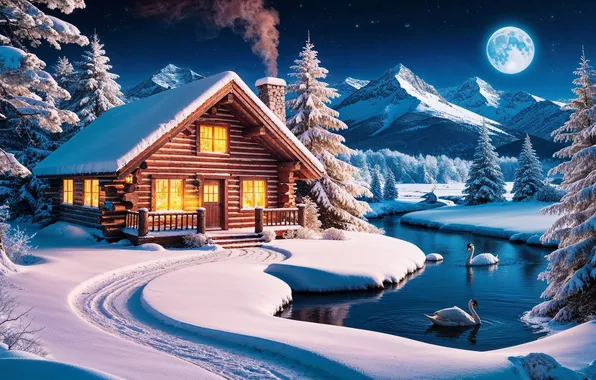 Picture winter, snow, mountains, pond, the moon, New year, house, swans