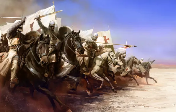 Picture weapons, attack, horse, armor, flag, Templar, Knight