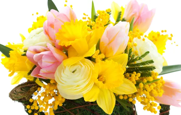 Picture leaves, flowers, beauty, bouquet, petals, tulips, pink, yellow