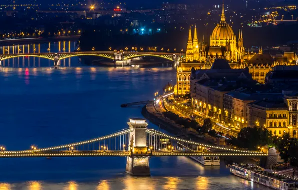 Night, lights, river, lights, bridges, the view from the top, Hungary, Budapest