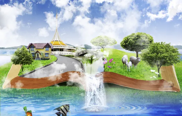 The sky, water, clouds, trees, fish, flowers, sheep, waterfall
