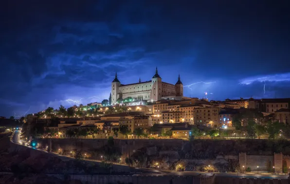 Road, the storm, castle, zipper, building, home, night city, Spain