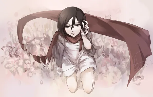 Look, girl, smile, scarf, dress, painting, sitting, anime