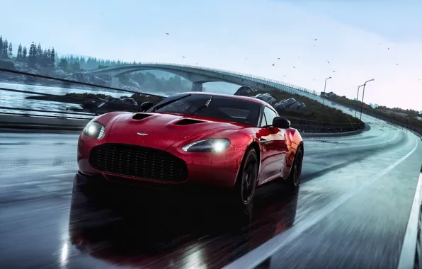 Picture Aston Martin, Red, Car, Speed, V12, Rain, Road, Zagato