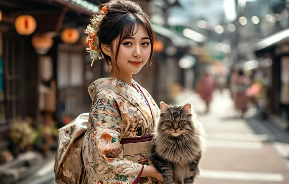 Smile, street, cat, positive, Asian, flowers in her hair, pussy, kitty