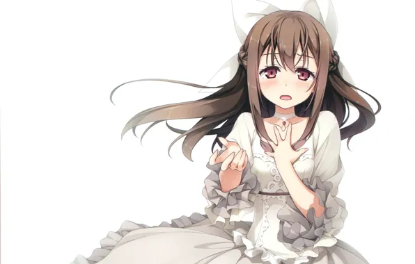 Girl, bow, white dress, long hair, ruffles, stretched out his right hand, chalker, by kantoku