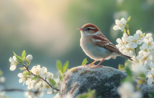 Light, flowers, branches, bird, stone, spring, Sparrow, flowering
