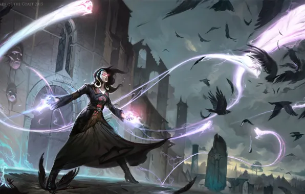 Birds, castle, gate, witch, Liliana Vess