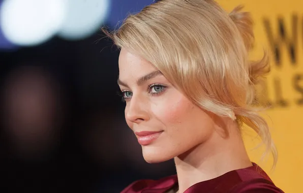 Portrait, makeup, actress, hairstyle, blonde, beauty, bokeh, Margot Robbie