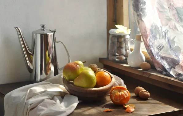 Table, window, fabric, bowl, fruit, nuts, still life, pear