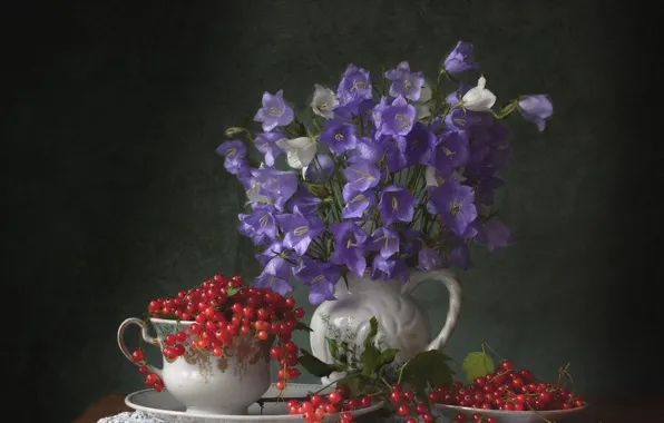 Flowers, berries, table, food, bouquet, Cup, pitcher, still life