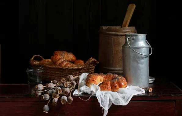 Table, Mac, still life, basket, cakes, the barrel, buns, Mac