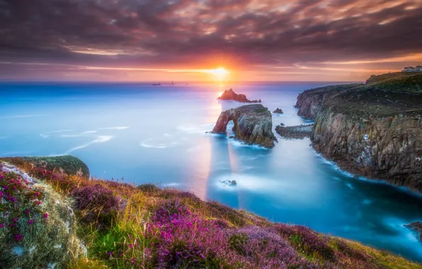 Sea, sunset, rocks, sea, sunset, rocks, shore, England