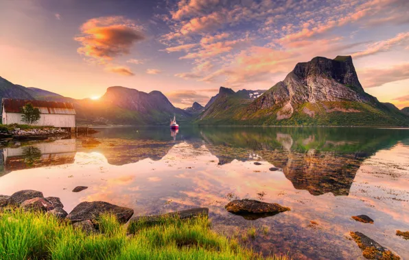 Clouds, sunset, rocks, boat, island, Norway, Norway, Ed Gordeev