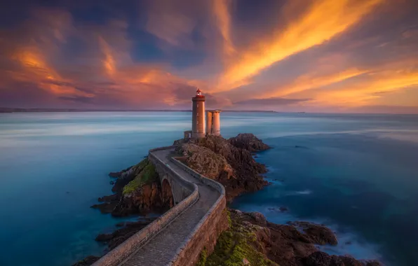 Sea, clouds, France, lighthouse, tower, glow, Brittany, Phare du Petit Minou