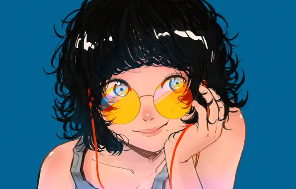 Face, haircut, blue eyes, black hair, shoulders, blue background, headphones, glasses