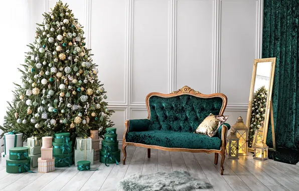 Sofa, tree, interior, House, mirror, Star, Christmas, gifts