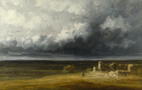 Clouds, storm, picture, Georges Michel, Georges Michel, Stormy landscape with ruins on a plain