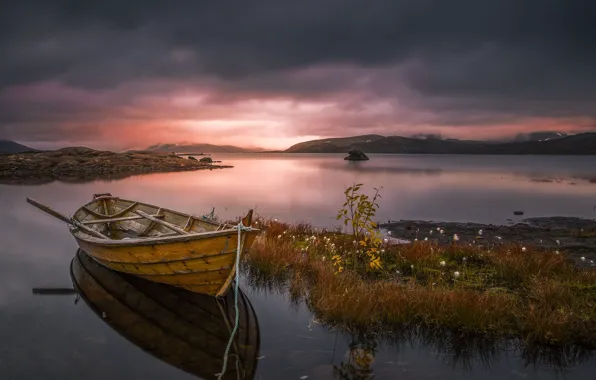 The sky, sunset, lake, boat, Allan Pedersen